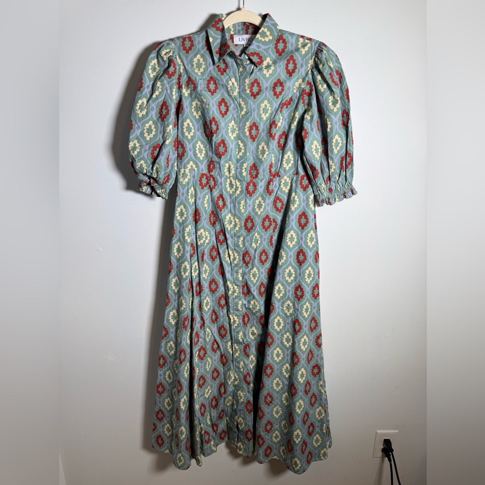 LIVRO Printed Cotton Maxi Dress | Puff Sleeve Button Front | Artisan India | XS